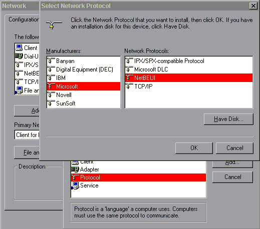 from Network click Add / Protocol / Microsoft / NetBUI